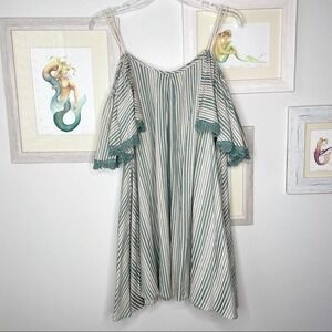 EVERLEIGH Green & Cream Stripe Hemp Cold Shoulder Dress Size Medium